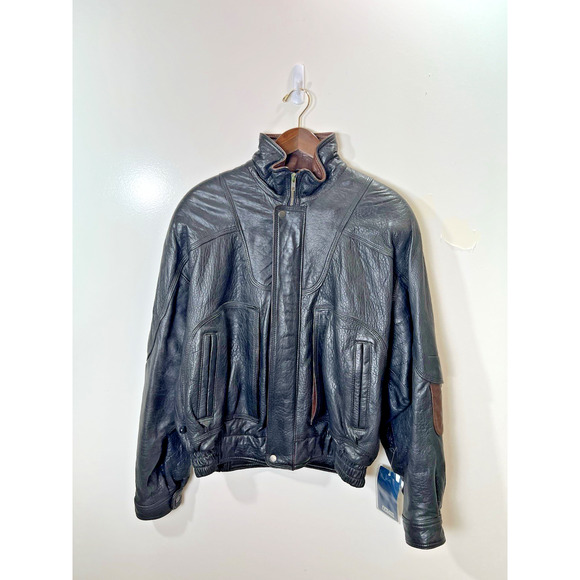 Pelle Studio Unisex Leather Bomber Jacket Sz M Black Brown Retro Classic Aviator - Picture 1 of 15